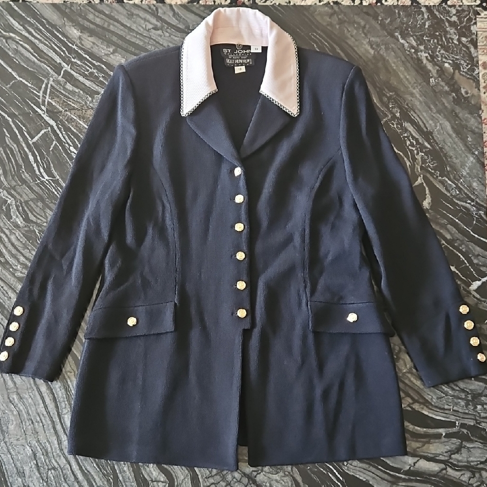 ST. JOHN: Black Wool Jacket W Pink Collar And Gold Tone Buttons